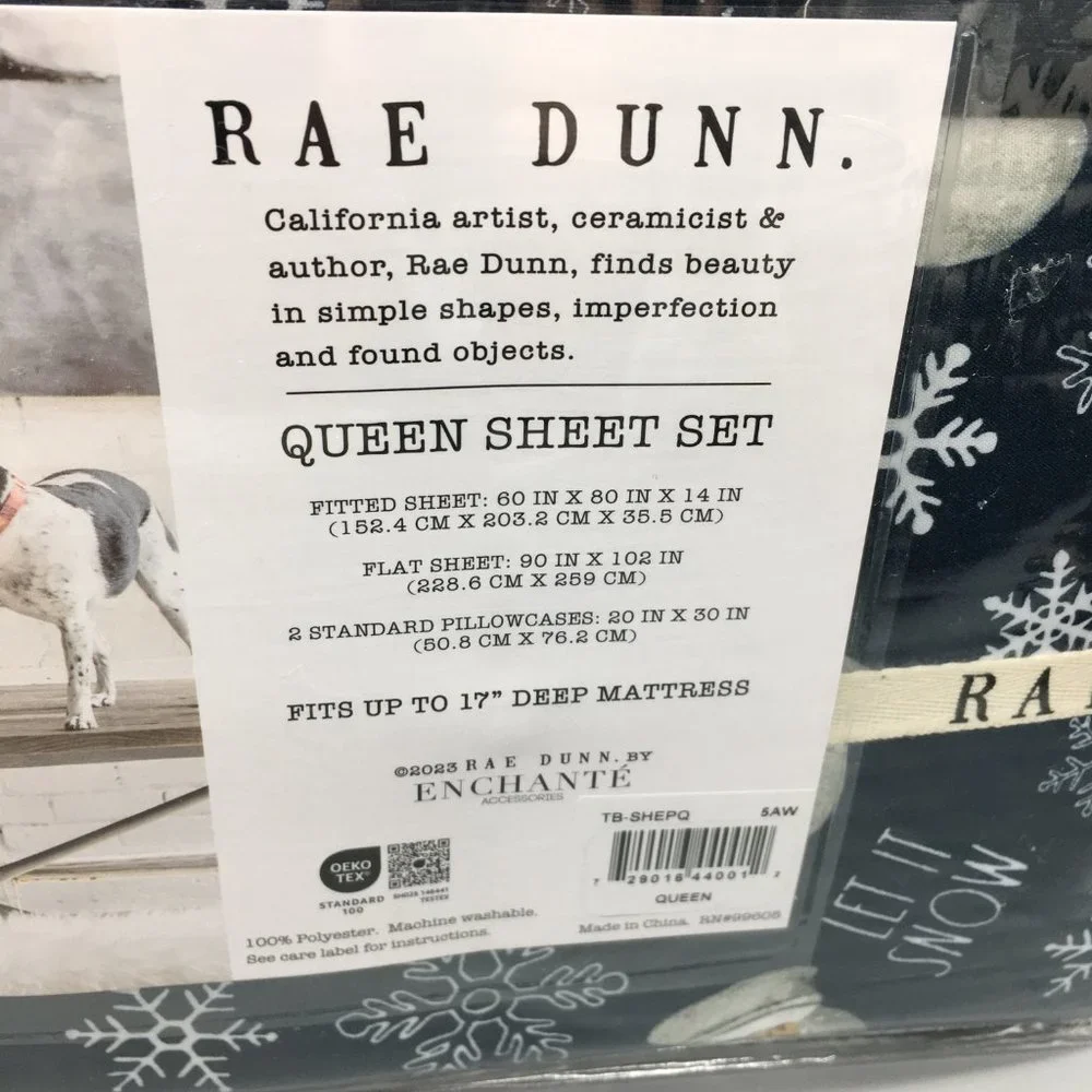 Rae Dunn Christmas LET IT SNOW Sheet Set Snowflakes Reindeer Snowman Snow Globes